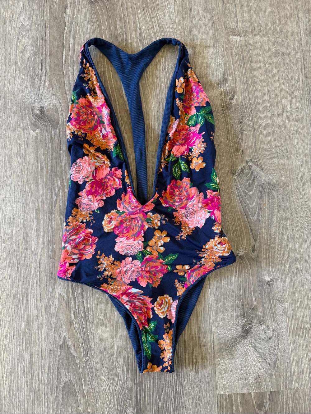 Reversible Floral and Navy One-Piece Swimsuit - Navy with Pink Roses